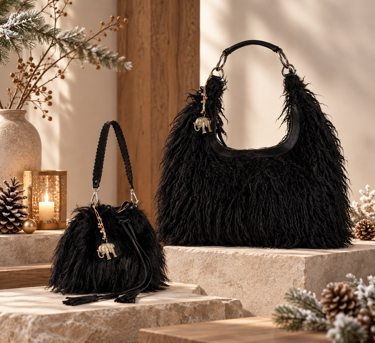 Fellhandtaschen im Winter-Setting